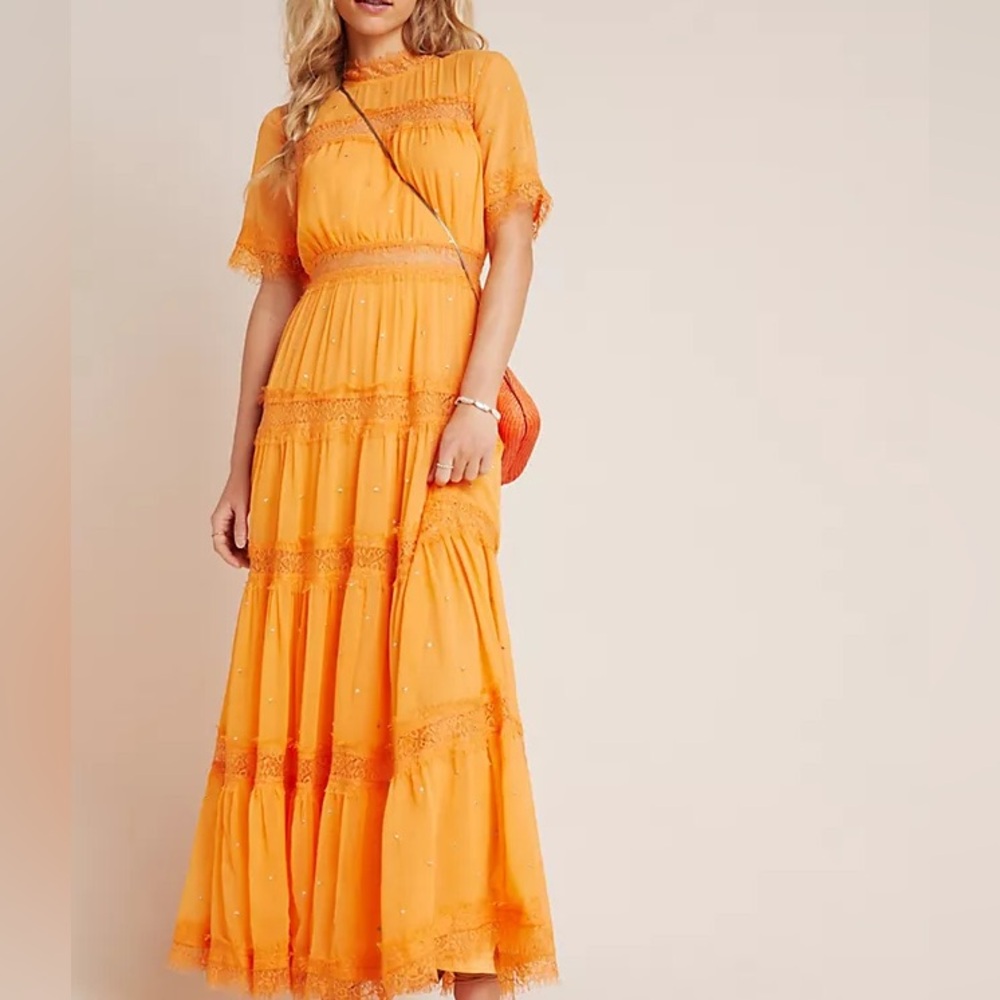 NWT Anthropolgie x Ranna Gill Orange Lace Tiered Cipriana Dress